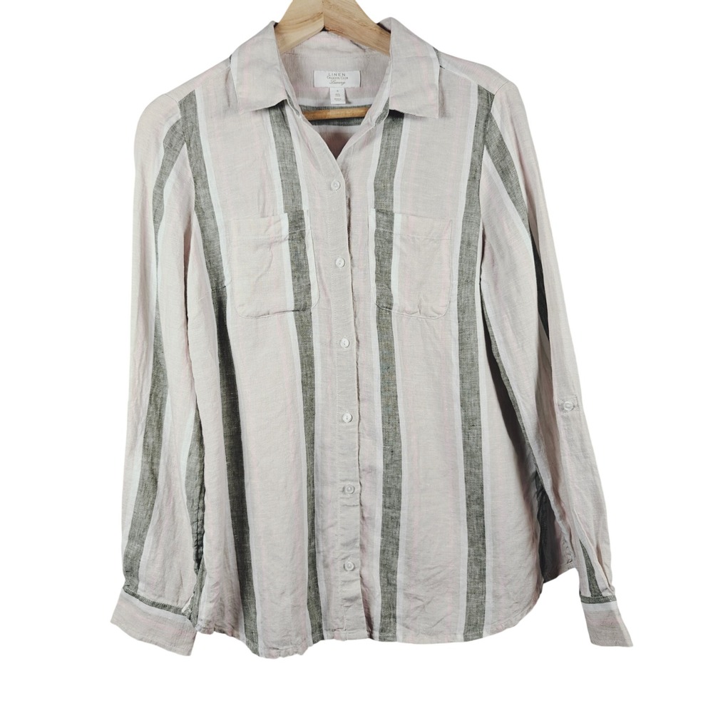 Charter Club luxury Linen Blend Striped Button Down Shirt small roll tab sleeves